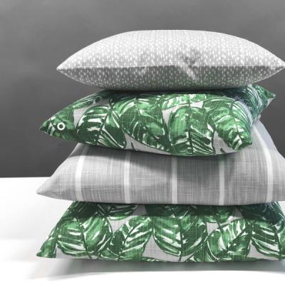 Preview: Kissen Rica mit Blattprint, Windri gestreift und Riverbed hellgrau